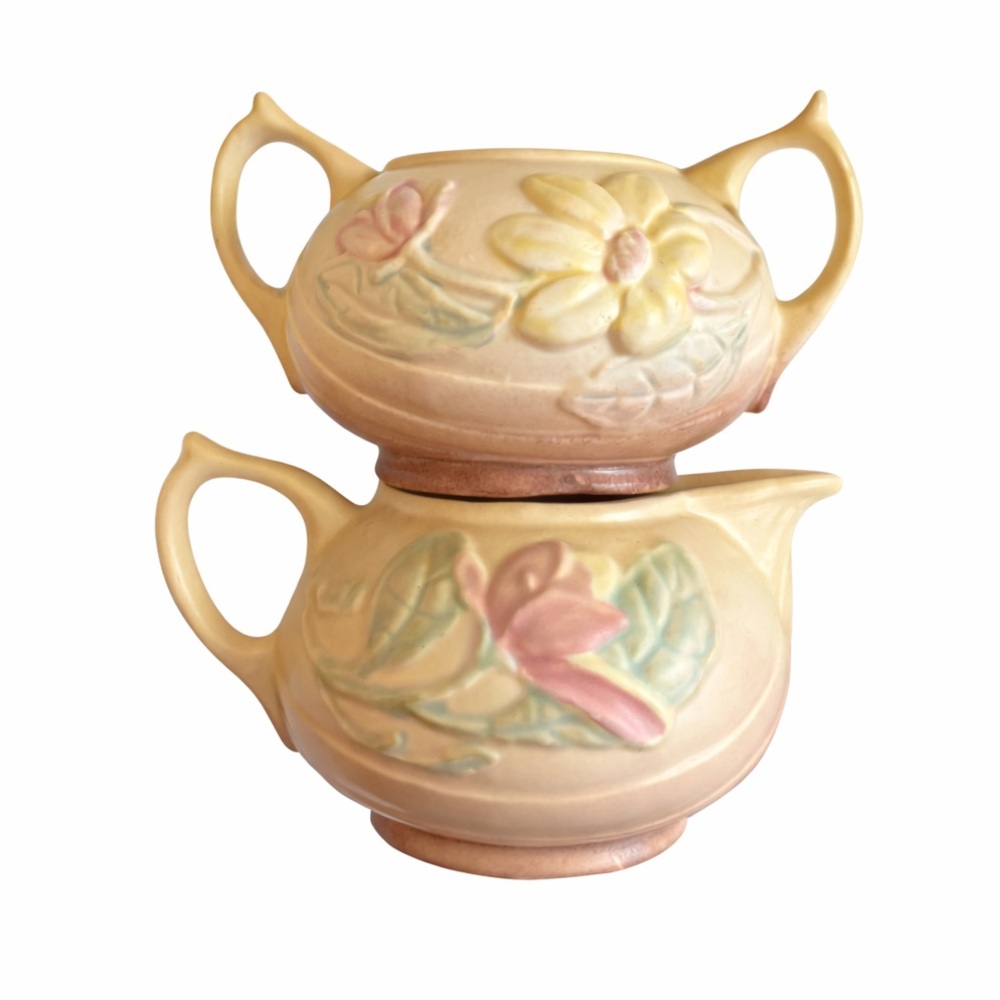 Vintage 1940s Hull Art Pottery Magnolia Matte Creamer & Sugar Bowl Set USA